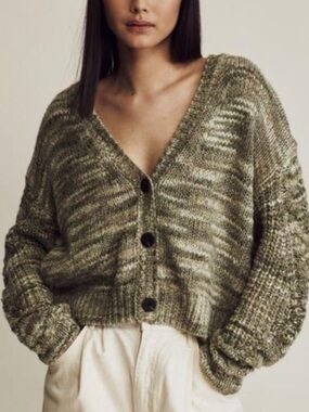 LINE Knit Cardigan in Green & Cream Size Medium Like New